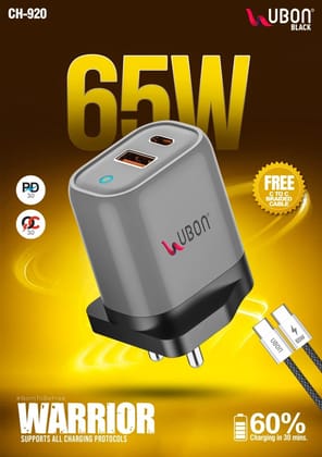 UBON CH-920 65W PD 3.0 Fast Charger with 1 USB and 1 Type C Port Braided Type C Cable, Supports All Charging Protocols