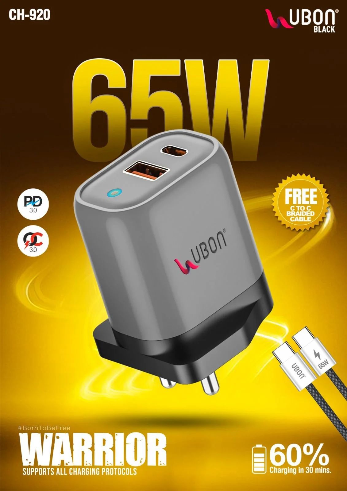 UBON CH-920 65W PD 3.0 Fast Charger with 1 USB and 1 Type C Port Braided Type C Cable, Supports All Charging Protocols