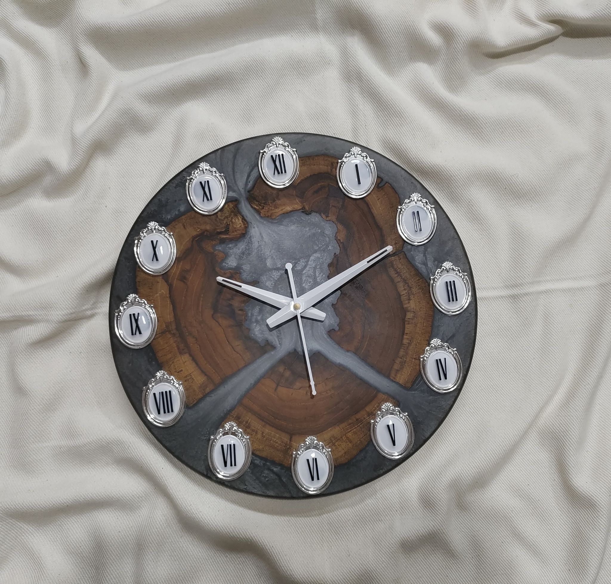 Unique Epoxy Resin Wood Wall Clock with Silver Roman Numerals
