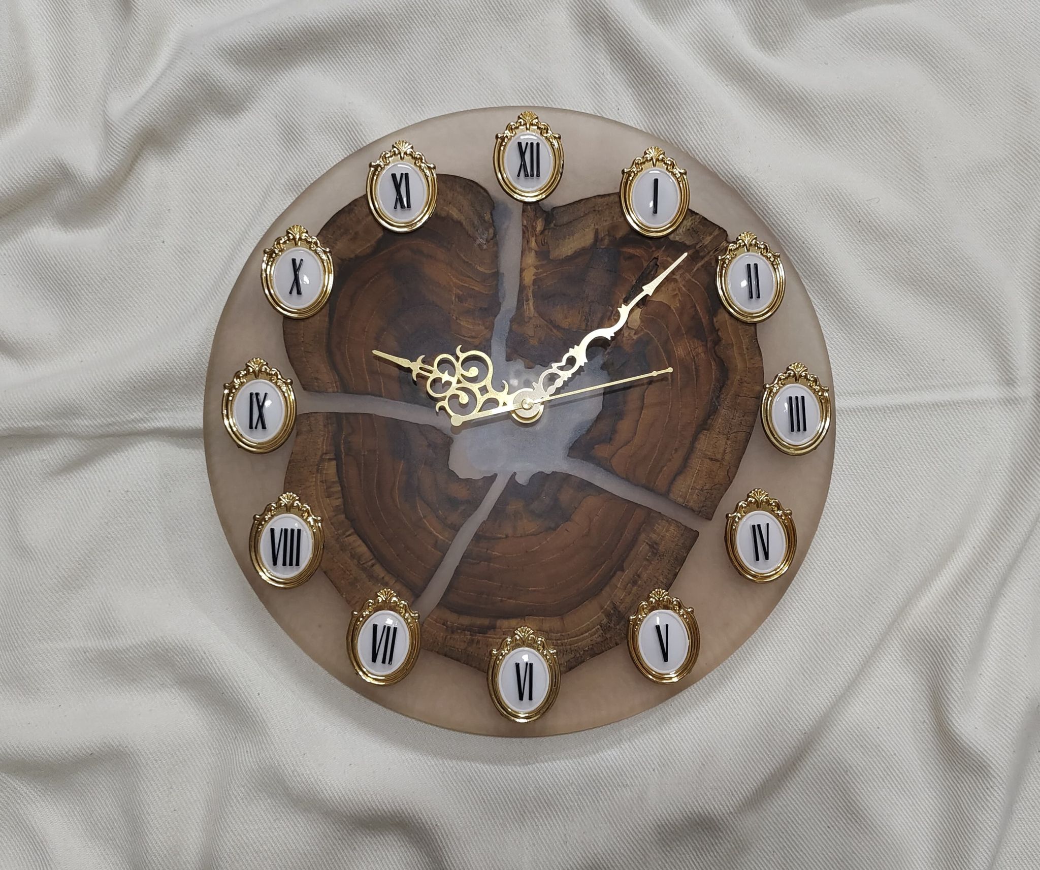 Unique Epoxy Resin Wood Wall Clock with Roman Numerals