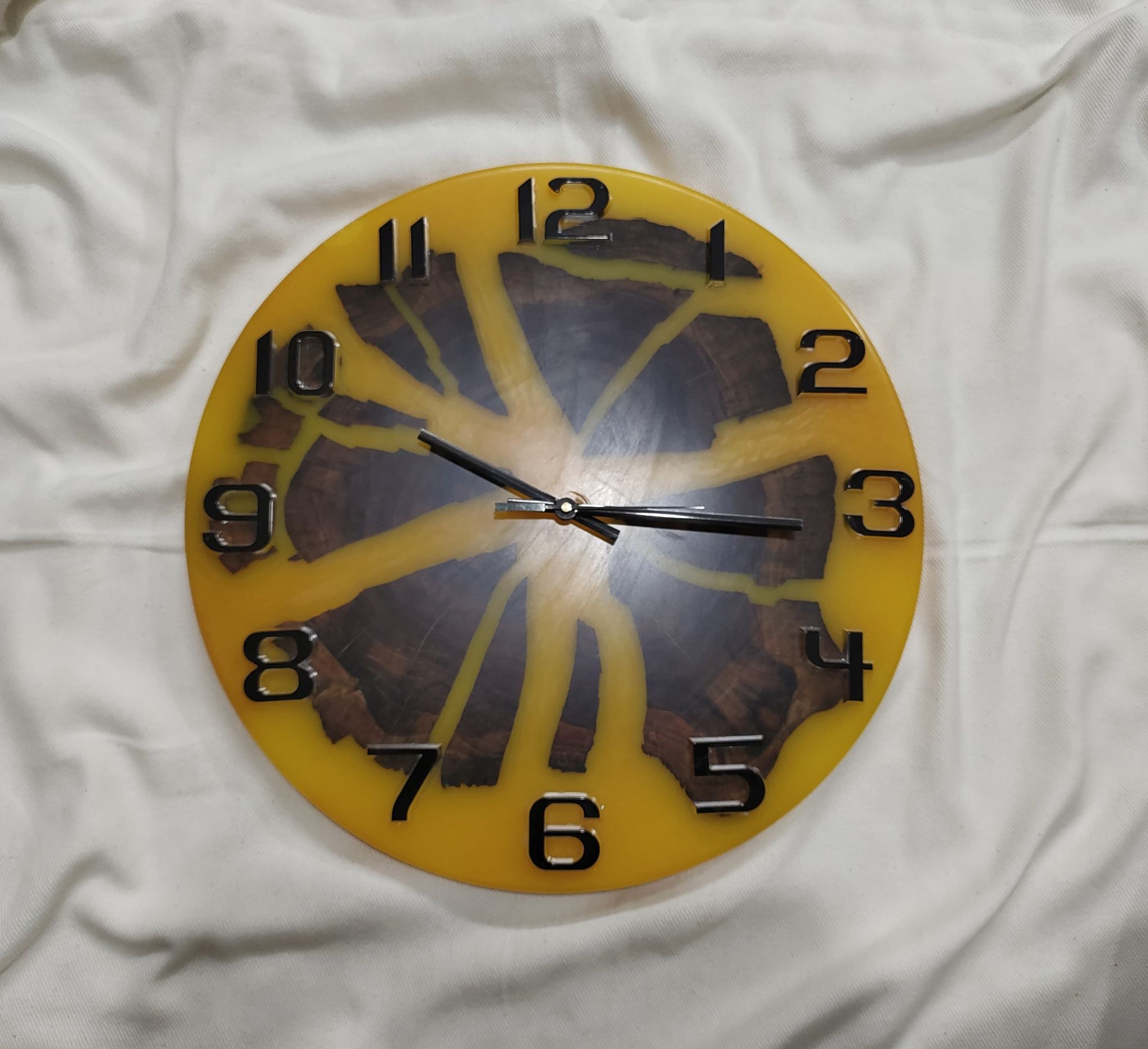 Unique Epoxy Resin Wood Wall Clock, Handmade Home Decor, Modern Design, Yellow and Black, 12 Inches