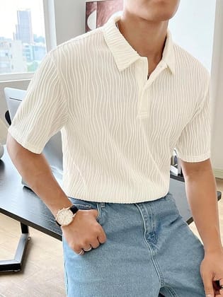 White Pleated Short Sleeve Polo Shirt for Men White Pleated Short Sleeve Polo Shirt for Men
