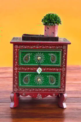 "Hand-painted Wooden 2-Drawer Accent Cabinet with Intricate Paisley Design and Red Base".