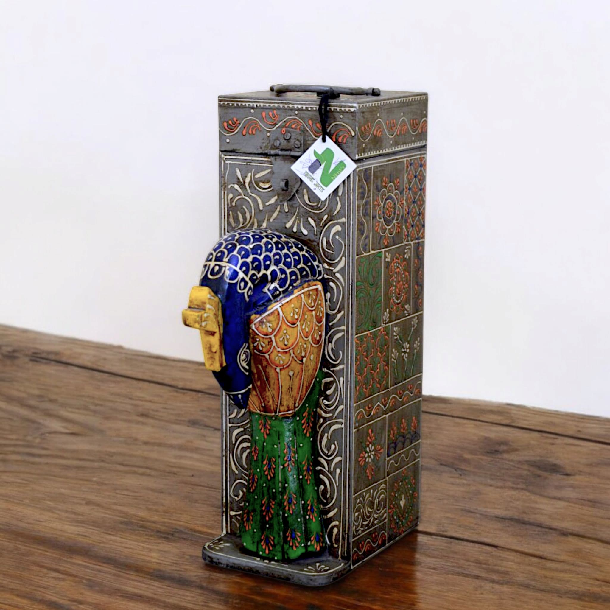 Wooden Hand Painted Peacock Wine Box vintage finish