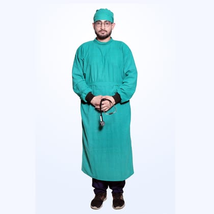 Surgeon Gown and Cap | Unisex | Free Size | Reusable and Washable | Green Color | Pure-Cotton Fabric |