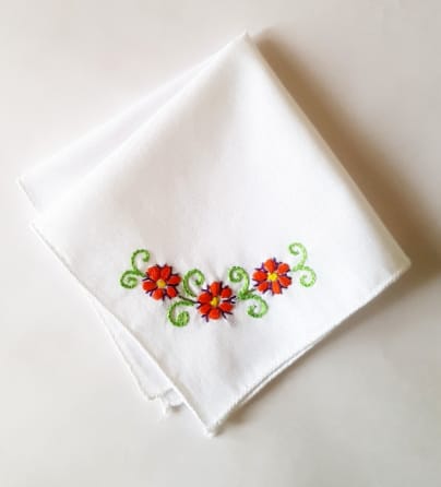 White Handkerchief with Red Floral Embroidery