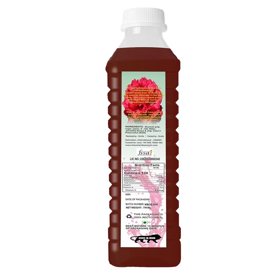 Mountain Bawarchi Buransh Squash Drink | Himalayan Rhododendron Juice Concentrate | Refreshing Rhododendron Juice | Ready to Serve | 750ml (Pack of 1)