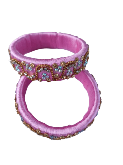 Pink Silk Thread Bangle Set with Stone and Pearl Embellishment for Women and Girls (Pack of 2)