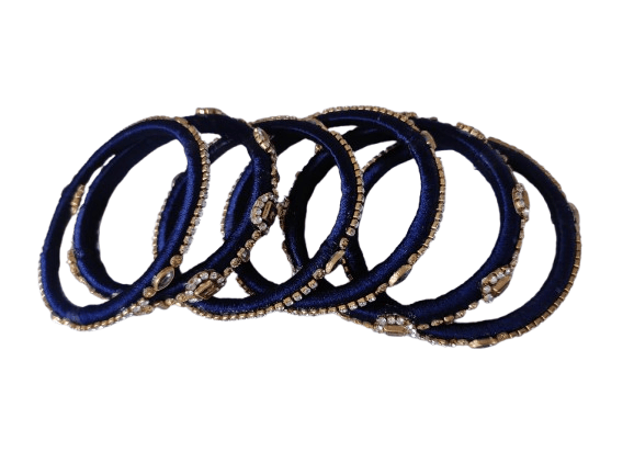  Set of 6 Blue Silk Thread Bangles with Rhinestone Accents