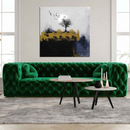   ABSTRACT LANDSCAPE PAINTING WITH TREE AND BIRDS 24in X 24in WITH BLACK FRAME 