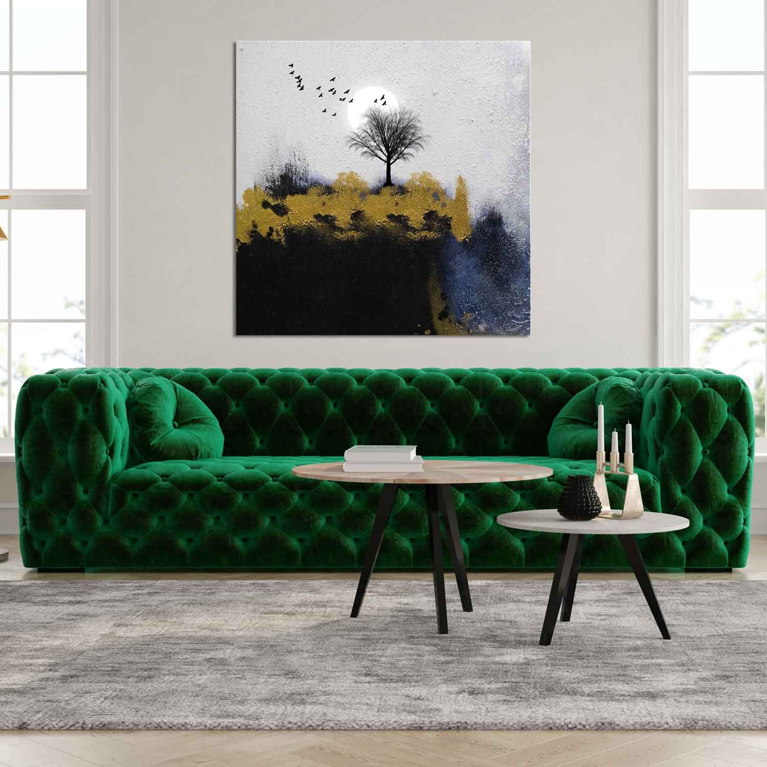   ABSTRACT LANDSCAPE PAINTING WITH TREE AND BIRDS 24in X 24in WITH BLACK FRAME 