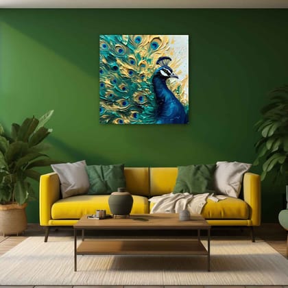 COLOURFUL PEACOCK PAINTING 24in X 24in WITH BLACK FRAME COLOURFUL PEACOCK PAINTING 24in X 24in WITH BLACK FRAME