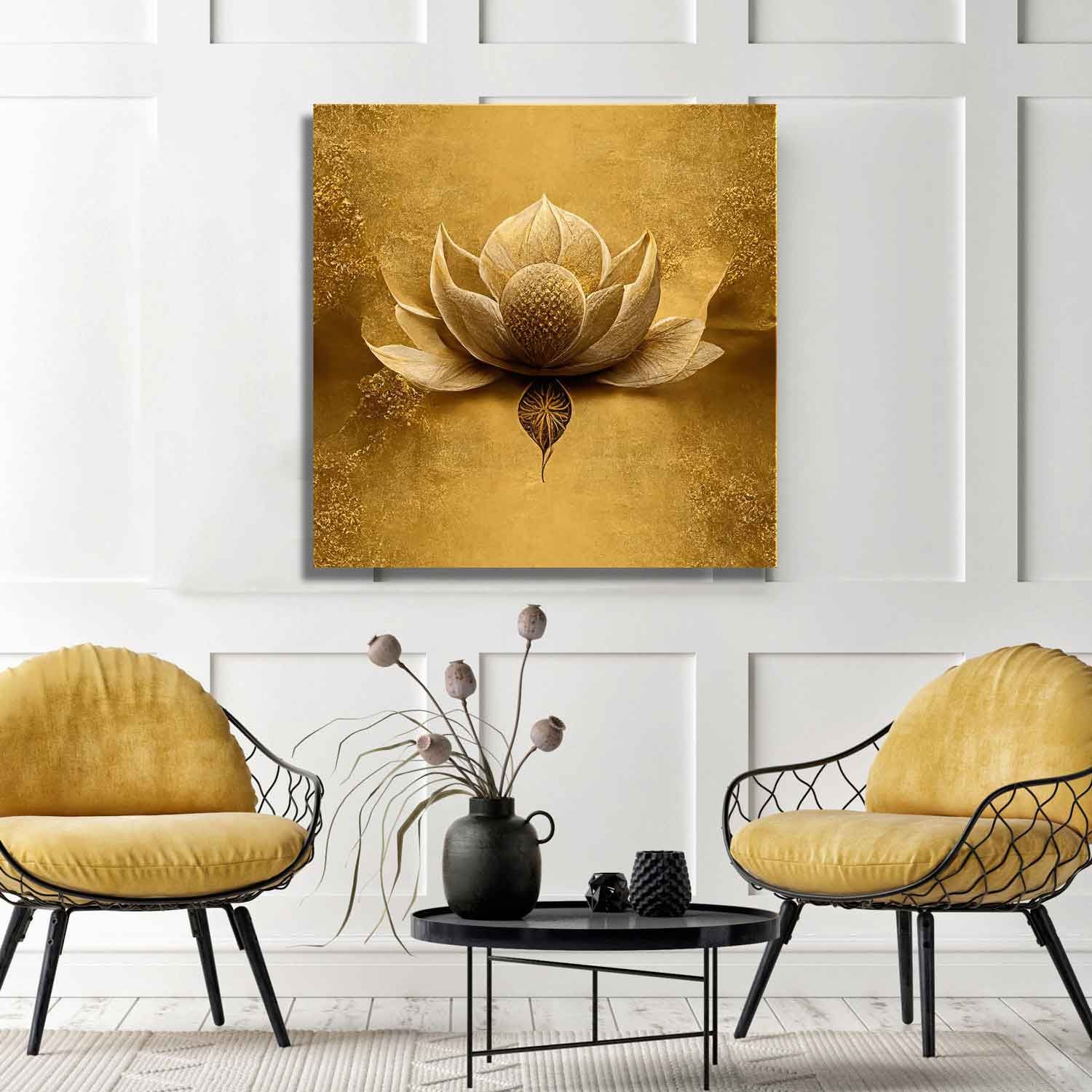 MEDITION GOLD LOTUS PAINTING 24in X 24in WITH BLACK FRAME 