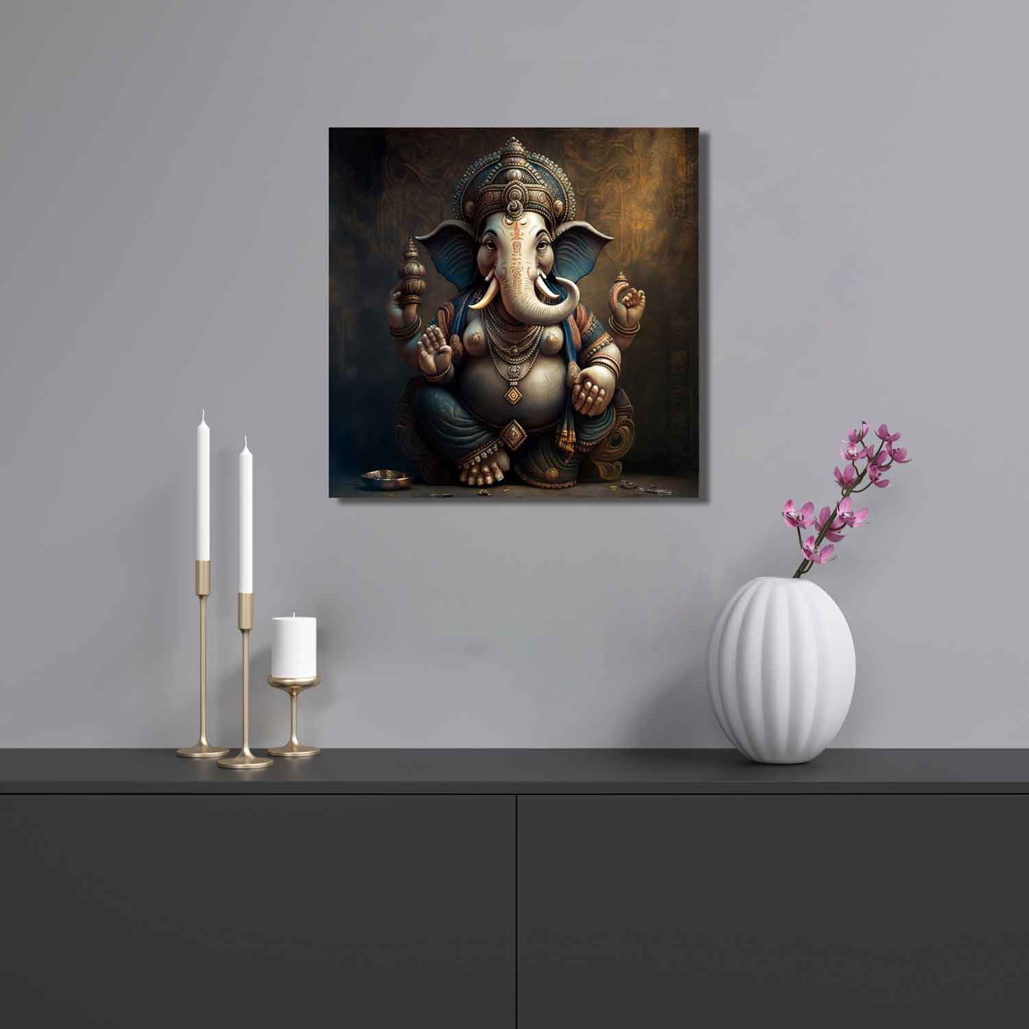  EXQUISITELY HANDCRAFTED LORD GANESHA 24in X 24in WITH BLACK FRAME 