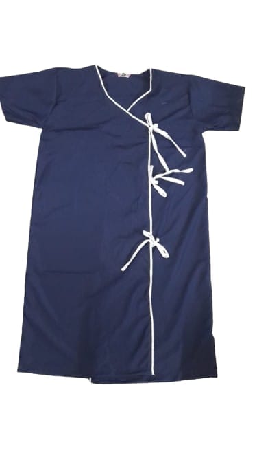 Unisex Patient Gown| Round Neck & Half Sleeve Patient Care Apparel | Hospital Patient Dress Free Size | Navy Blue White Pipine