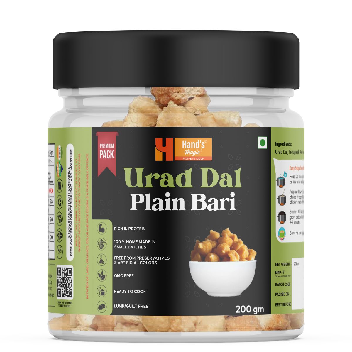 Hand’s Magic Urad Dal Plain Bari – Premium Pack | High Protein | Ready to Cook | 100% Homemade | No Preservatives | Natural & Healthy | 200g