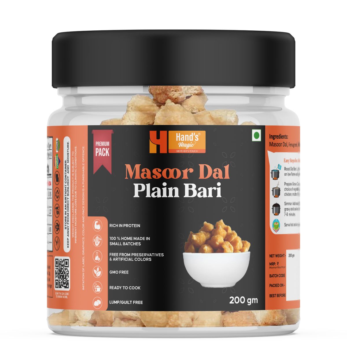 Hand’s Magic Masoor Dal Plain Bari – Premium Pack | High Protein | Ready to Cook | 100% Homemade | No Preservatives | Natural & Healthy | 200g