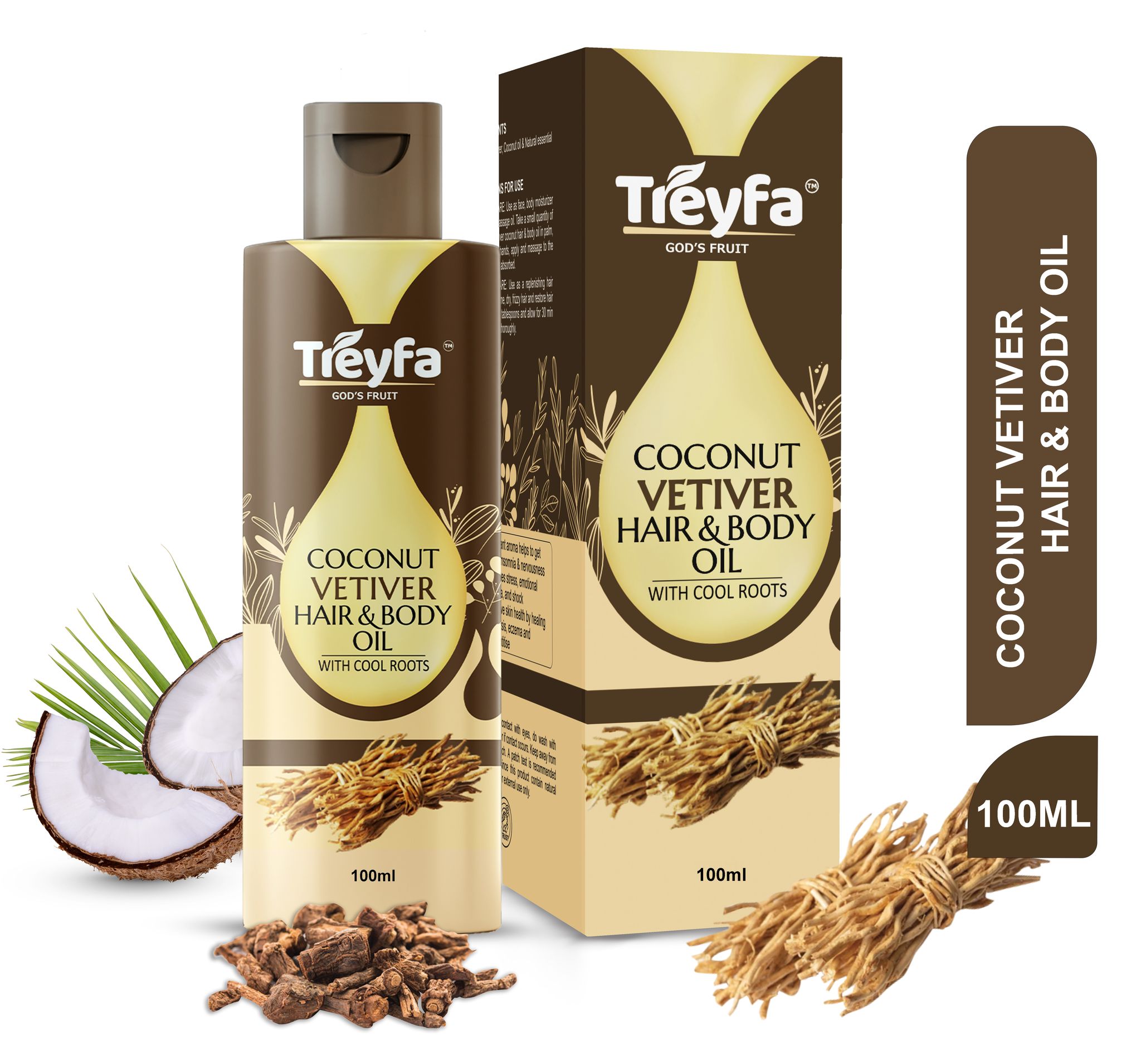 Treyfa Vetiver Hair, body & face oil for Haircare, skincare, skin lightening, stretch mark removal, body toning & stress relief(100 ml)