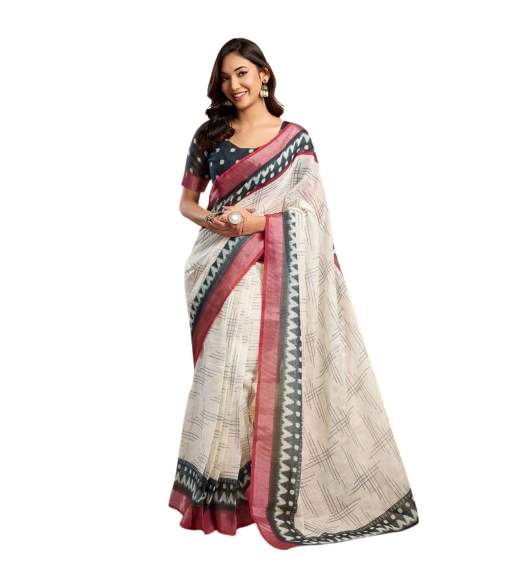 Women's Faux Linen Floral Print Ready to wear Saree With Unstitched Blouse 5.5Mtr (OffWhite)-PID65912