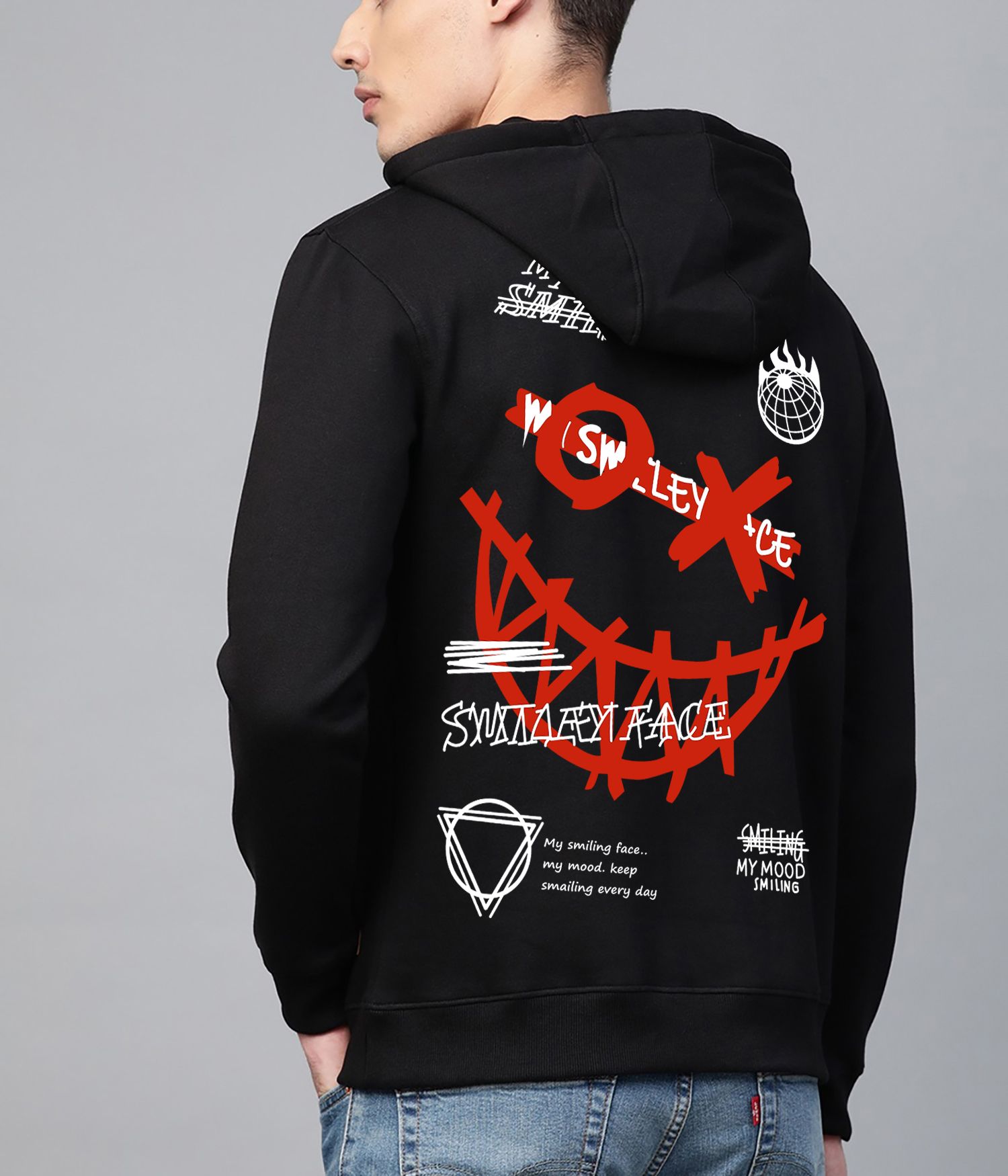 SCOTT FINCHER Black Smiley Face Graphic Printed Men's Hoodie : AA(RSHOD)BLACK_06