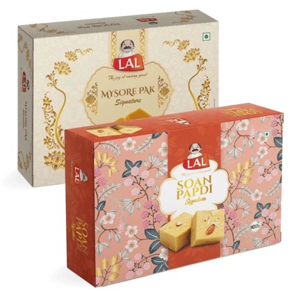 Lal Sweets Combo of Mysore Pak Signature 400g and Soan Papdi Premium 400g || Made with Sugar and Fresh Almonds || Ready to Eat Indian Dessert || Cow Ghee Mysuru Pak || Premium Soan Cake || Deliciou Indian Combo Mithai