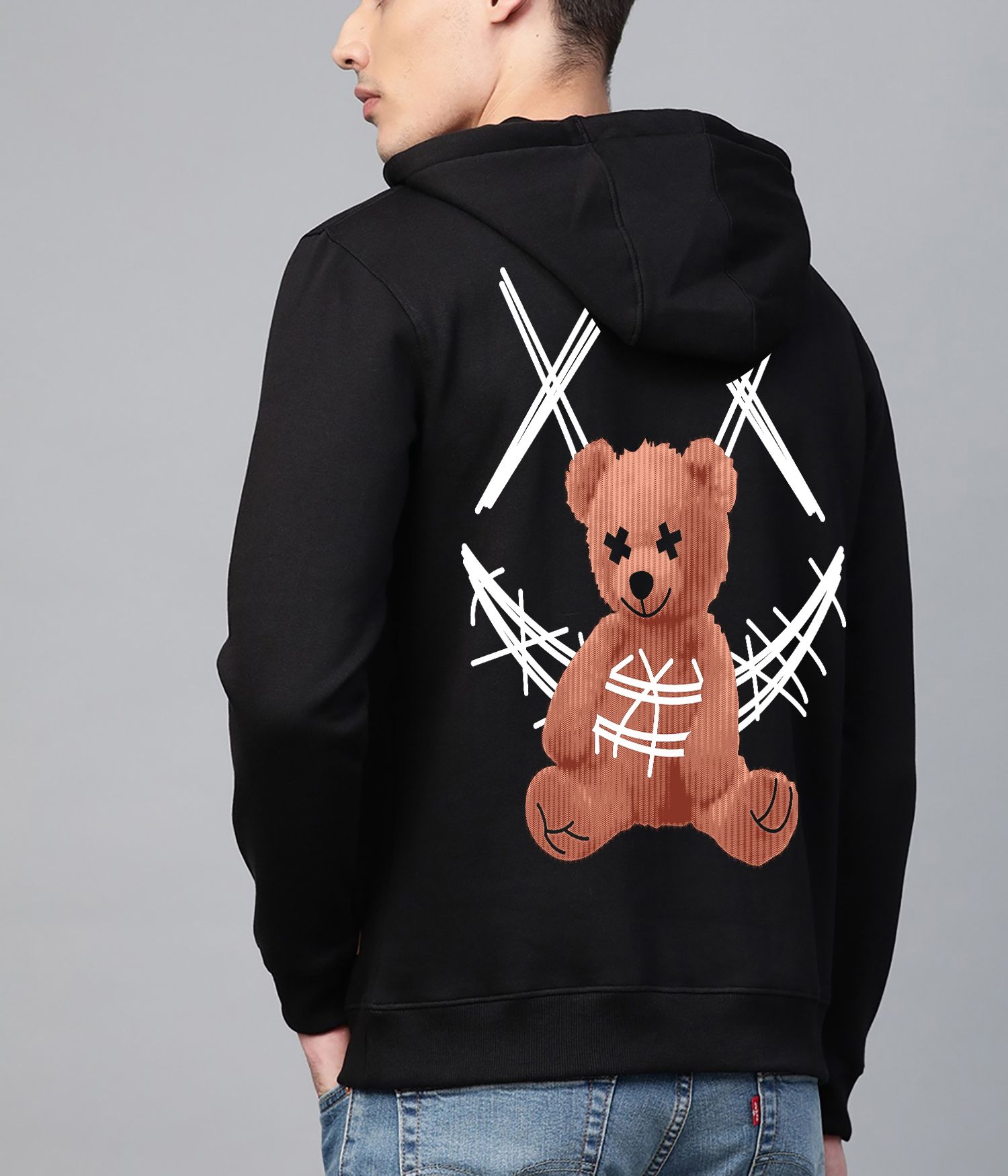 Men's Black Hoodie with Distressed Teddy Bear Graphic Print Sweatshirt : AA(RSHOD)BLACK_08