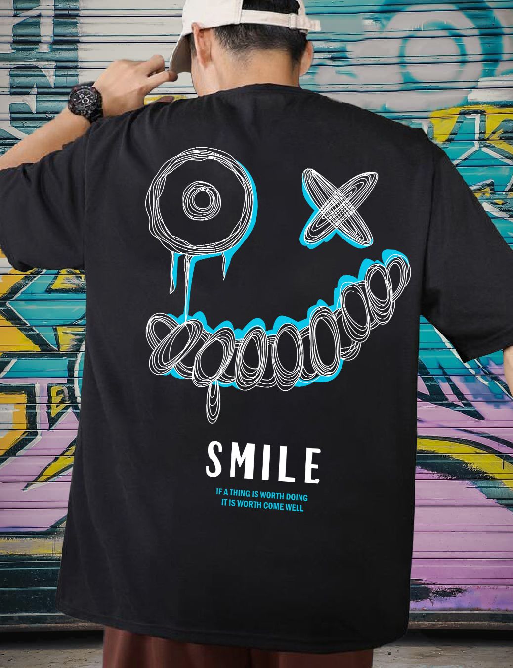Scott Fincher Men's Streetwear T-Shirt with Smiley Face Graphic Design : AA(ARN)BLACK_03