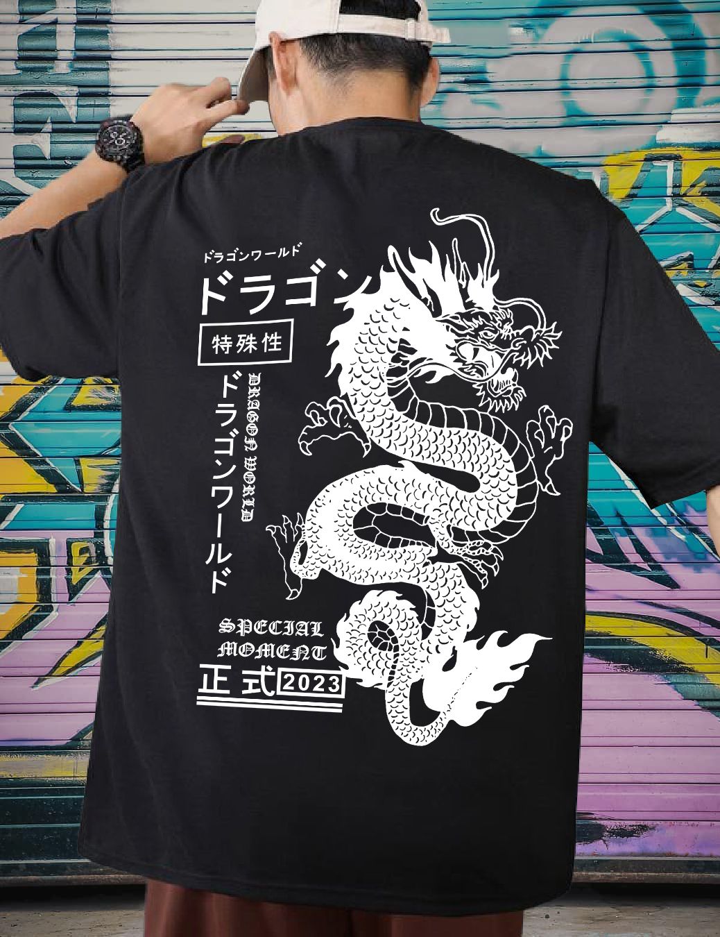 Scott Fincher Oversized Black T-Shirt with White Dragon Graphic Design : AA(ARN)BLACK_63