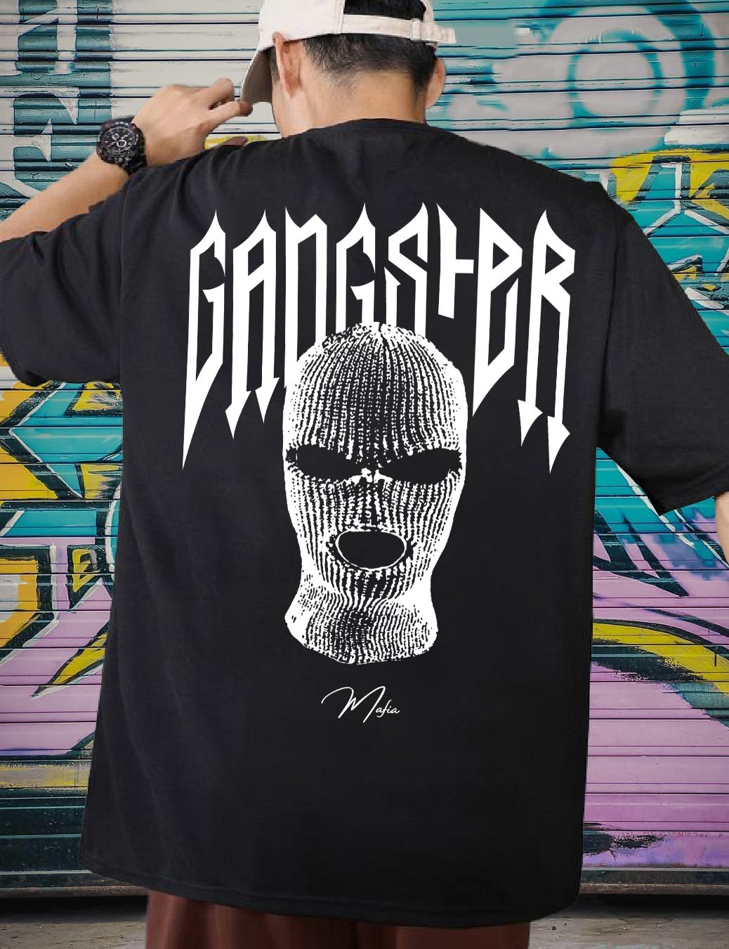Scott Fincher Black Oversized cotton t-shirt with a white print of the word "Gangster" in graffiti style on the back : AA(ARN)BLACK_65