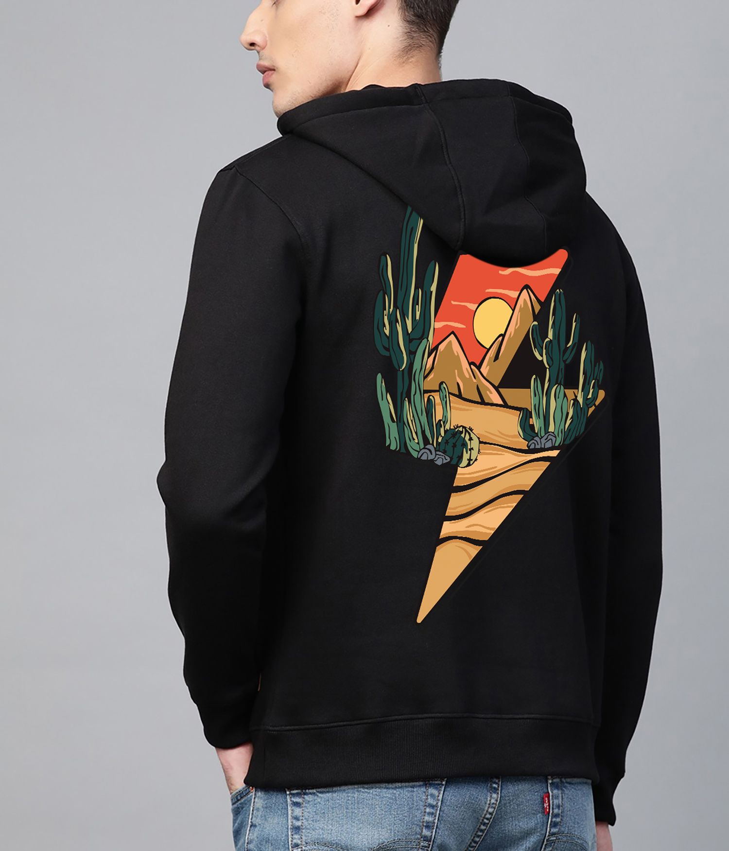 SCOTT FINCHER Black Hoodie Featuring a Desert Scene with Cacti and Mountains : AA(RSHOD)BLACK_243