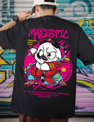 Scott Fincher Oversized Black T-shirt with a cartoon panda wearing a hat and sunglasses : AA(ARN)BLACK_125 Scott Fincher Oversized Black T-shirt with a cartoon panda wearing a hat and sunglasses : AA(ARN)BLACK_125