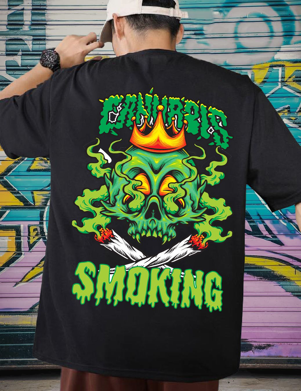 Scott Fincher Oversized Men's Graphic T-Shirt Featuring a Smoking Skull and Crown Design : AA(ARN)BLACK_127