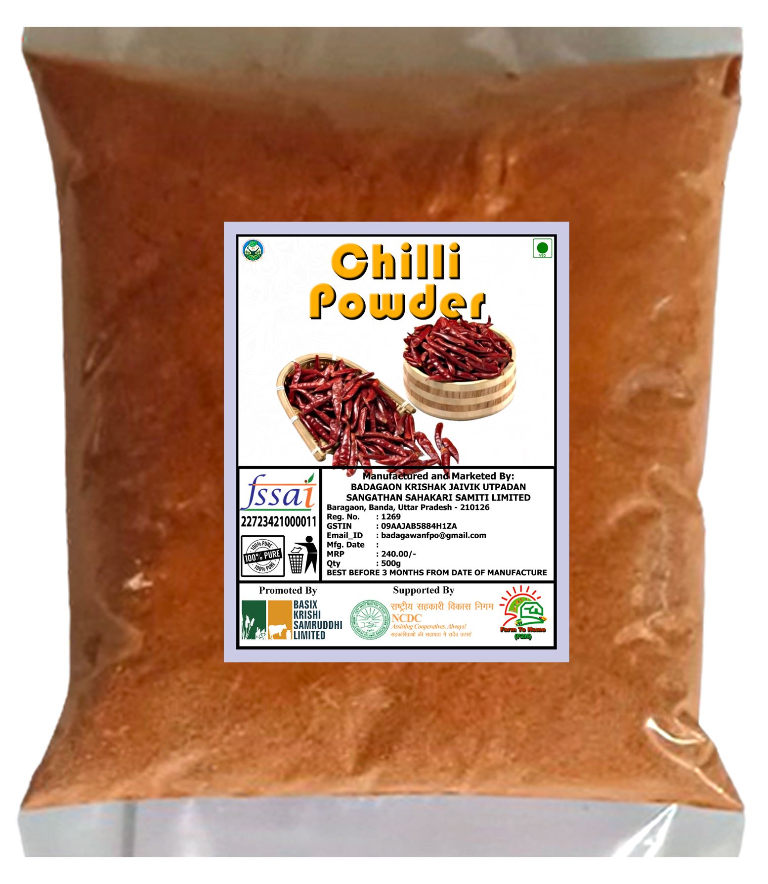 100% Pure Organic Red Chilli Powder - 500g