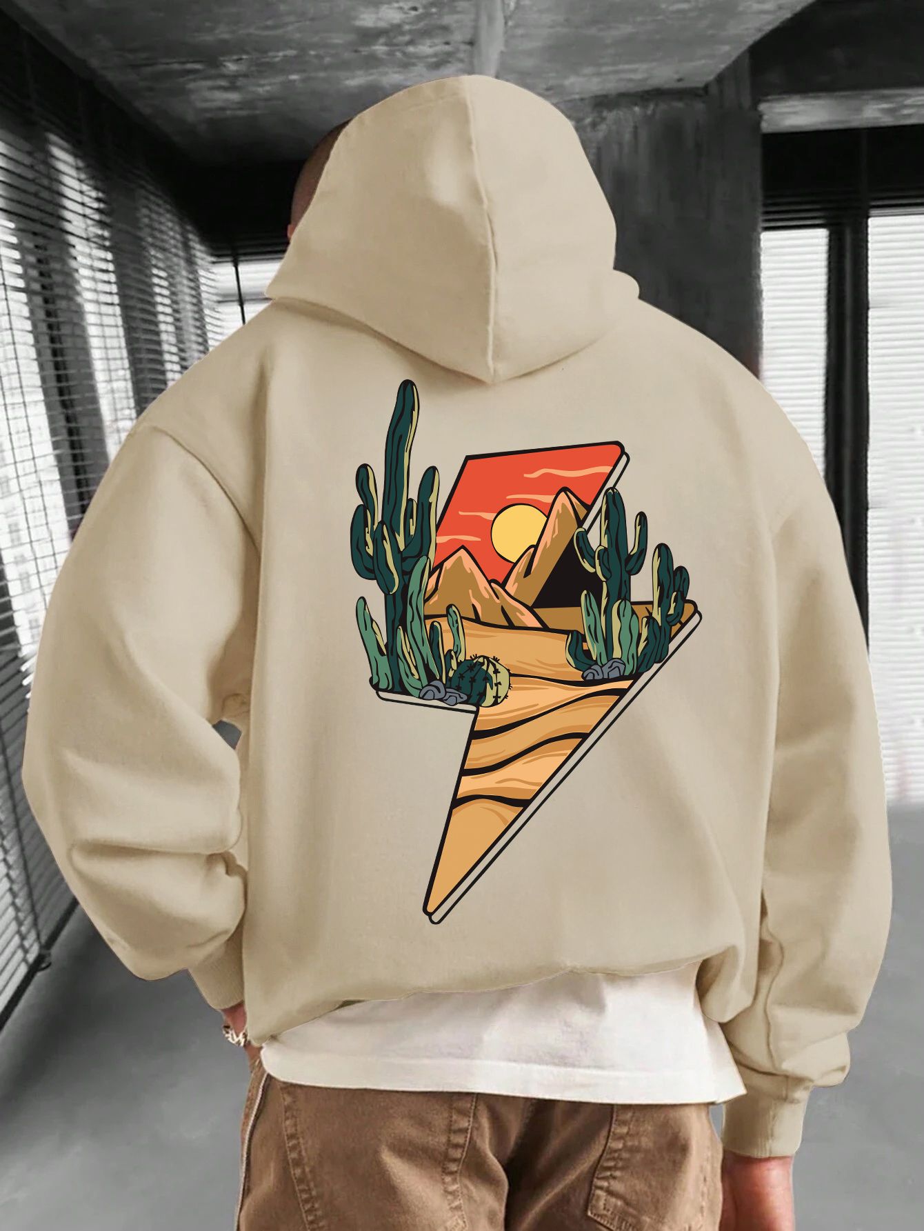 SCOTT FINCHER Men's beige cotton blend pullover hoodie featuring a desert landscape design with cacti and mountains. : AA(RSHOD)CREAM_243
