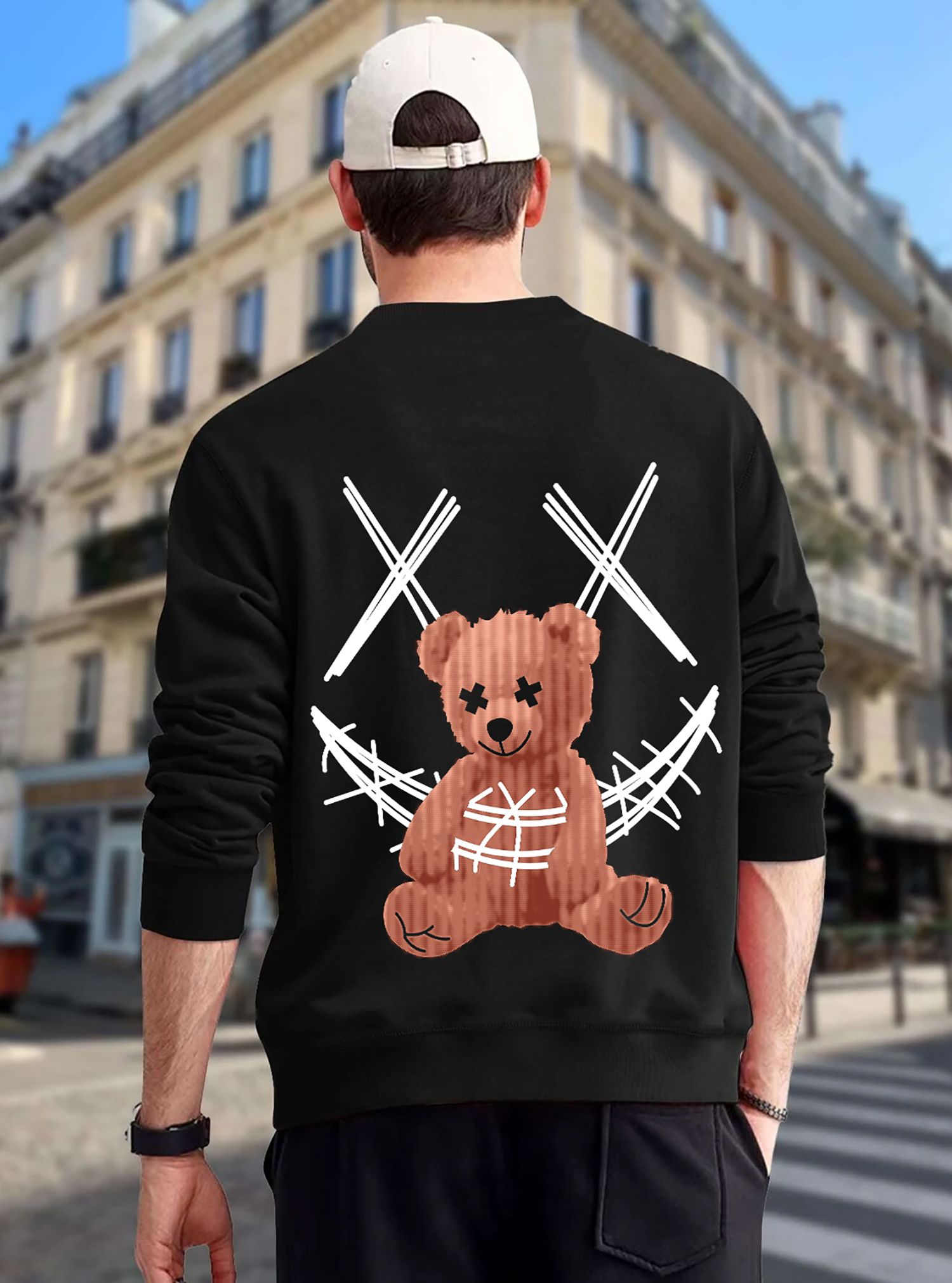 SCOTT FINCHER Men's Black Graphic Sweatshirt with Teddy Bear and Basketball Design : AA(RSSWT)BLACK_08