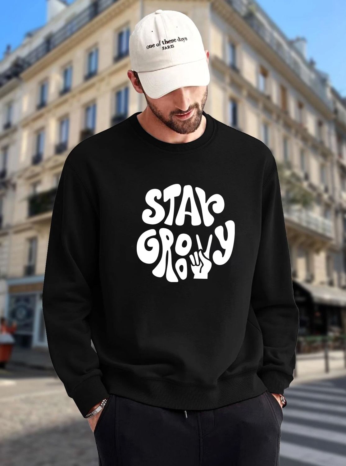 SCOTT FINCHER Men's STAY GROOVY Graphic Sweatshirt, Aesthetic Pullover, Retro Slogan Jumper, Casual Long Sleeve Top : AA(RSSWT)BLACK_45