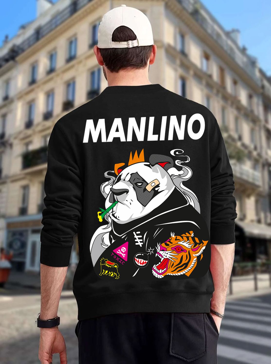SCOTT FINCHER Men's Black Sweatshirt with Panda Graphic and "Manlino" Print : AA(RSSWT)BLACK_123