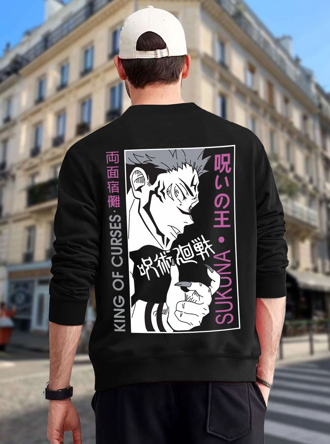 SCOTT FINCHER Men's Black Sweatshirt with a Graphic of Sukuna from Jujutsu Kaisen : AA(RSSWT)BLACK_145