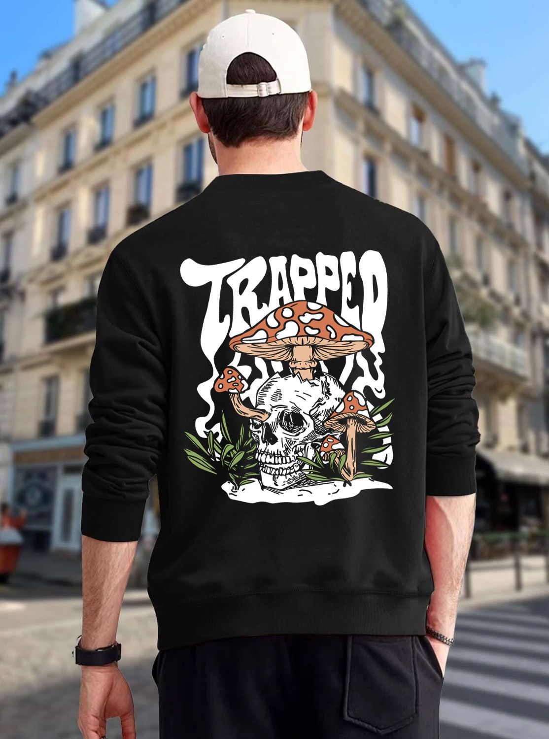 SCOTT FINCHER Men's Trippy Mushroom Skull Graphic Sweatshirt : AA(RSSWT)BLACK_211