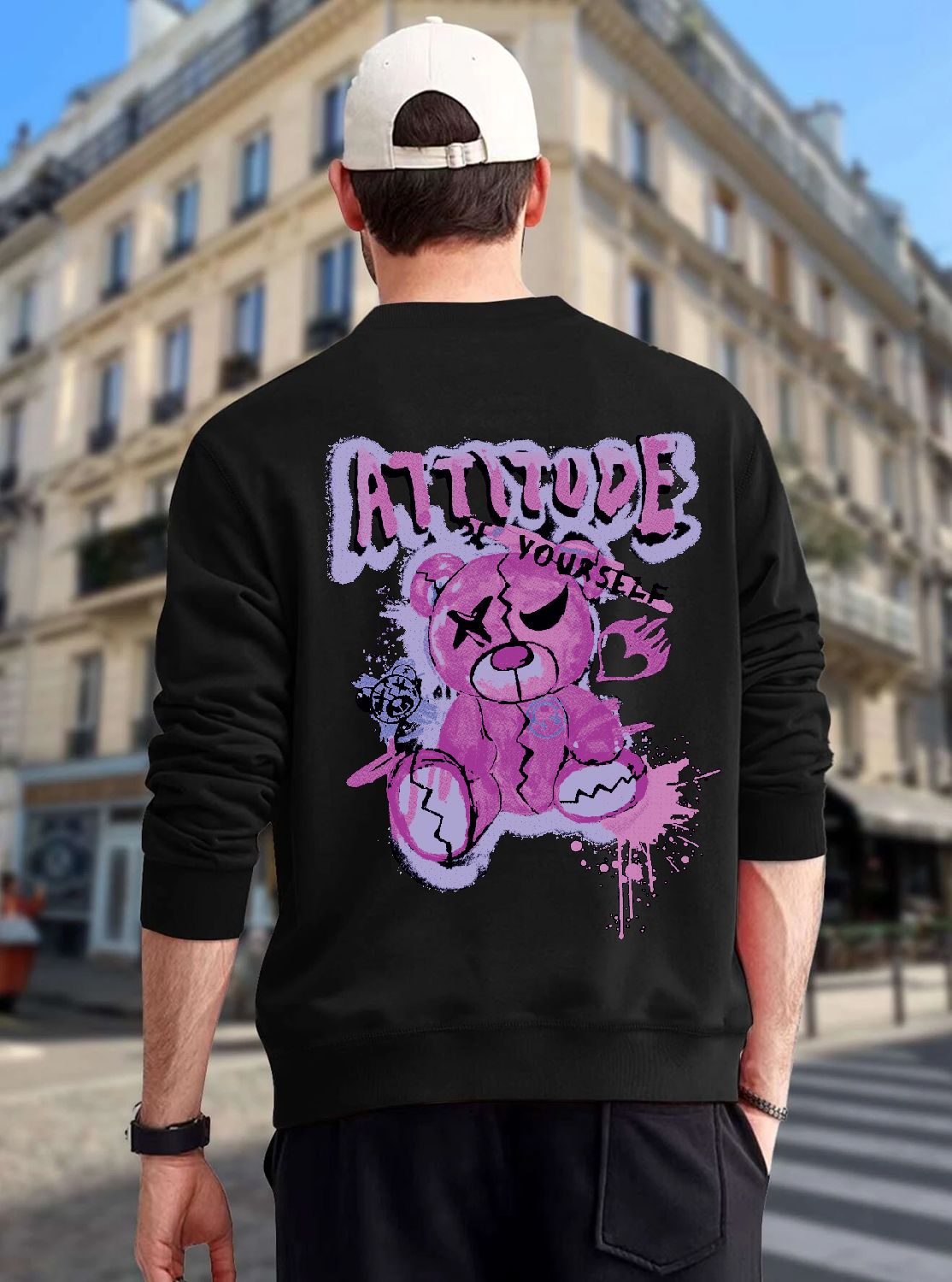 SCOTT FINCHER Men's Black Attitude Bear Graphic Sweatshirt : AA(RSSWT)BLACK_214