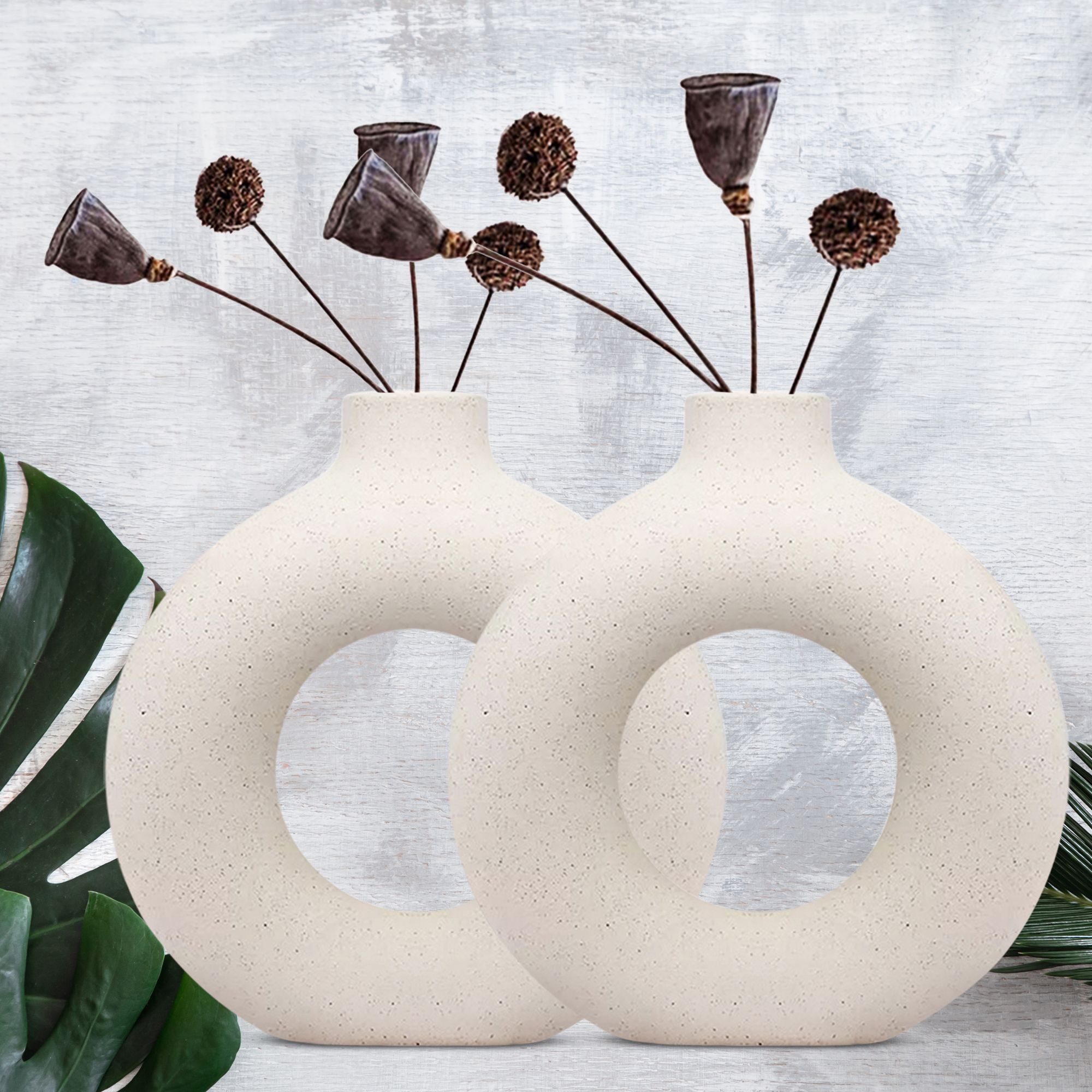 White Vase/ Office Desk Flower Vase Pampas Grass Vase Reinforced Ceramic Vase Round Shaped Vase Home Decor Centrepiece/ Decor Showpiece ((Donut Vase-6 in (Pack of 2))