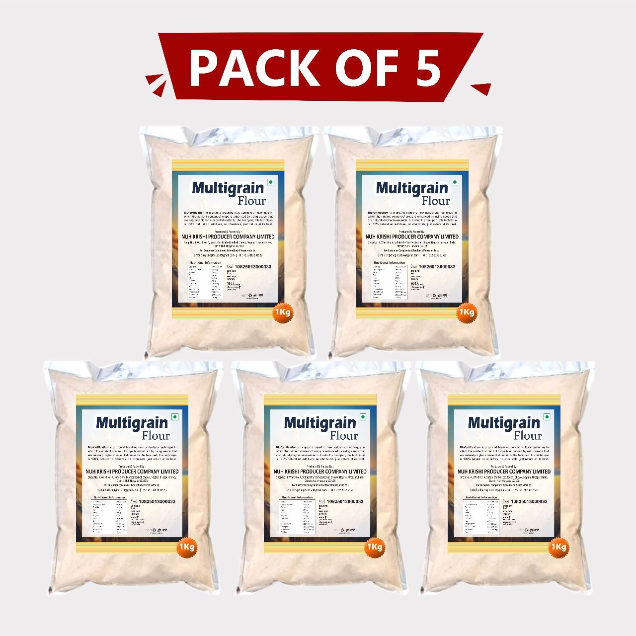 Multigrain Flour 5kg (5 x 1 Kg) by Nuh Krishi Producer Company Limited – Healthy, Nutritious & Farm-Fresh Atta. 