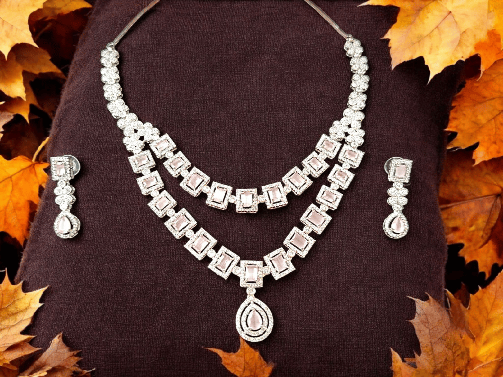 Stunning Silver Plated Diamond Necklace Set with Earrings for Girls & Women