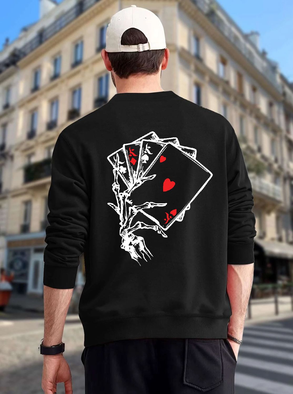 SCOTT FINCHER Men's Black Sweatshirt with Skeleton Hand Holding Playing Cards Design : AA(RSSWT)BLACK_226