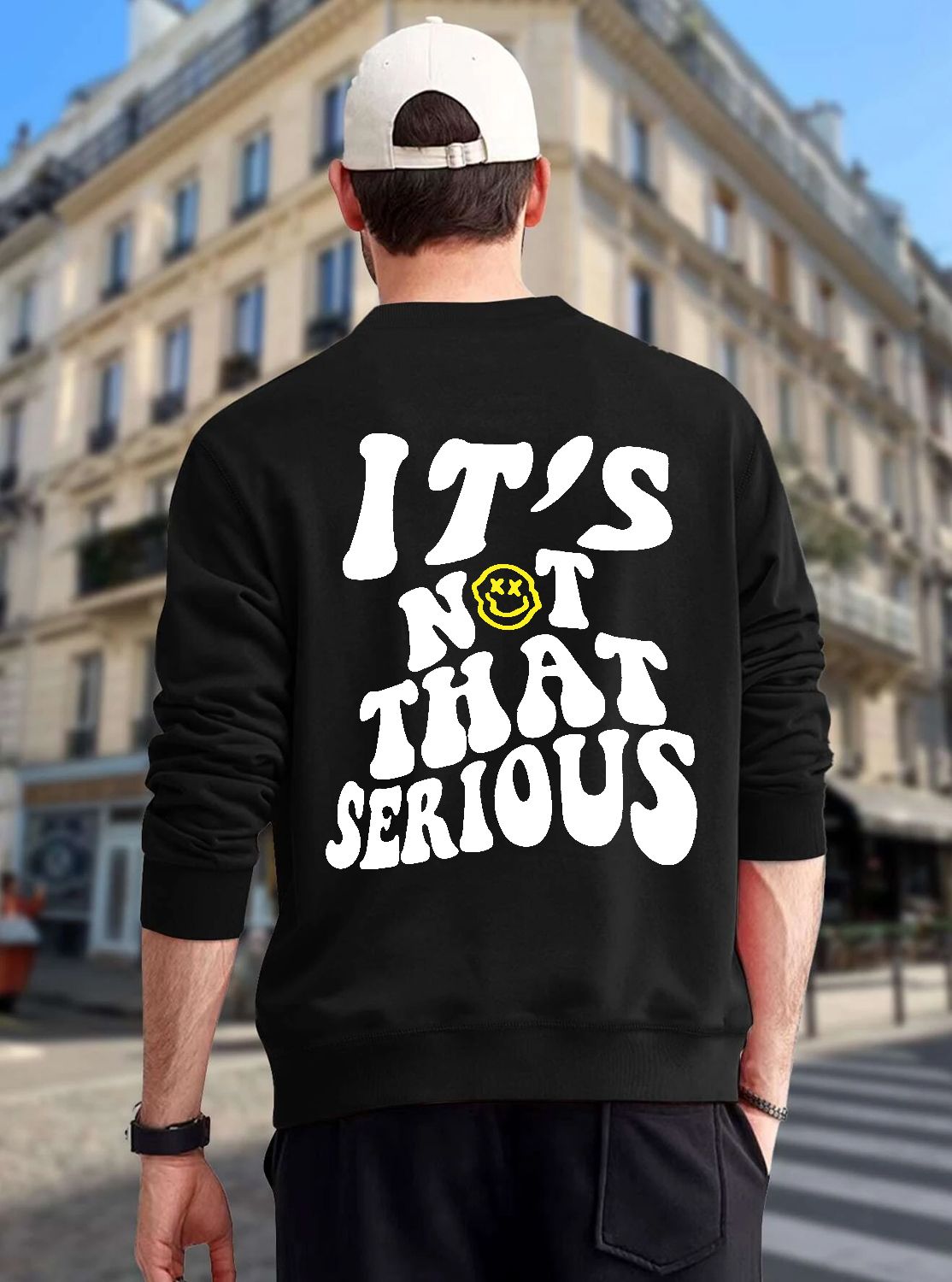 SCOTT FINCHER Men's Black Sweatshirt with "It's Not That Serious" Smiley Face Graphic : AA(RSSWT)BLACK_228