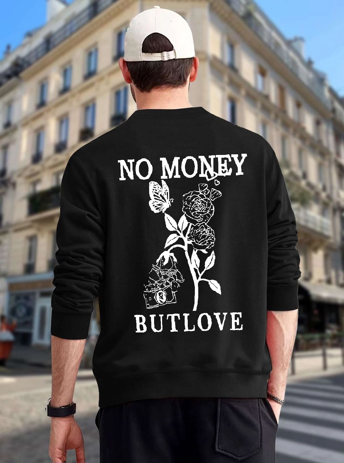 SCOTT FINCHER Men's No Money But Love Sweatshirt, Black Sweatshirt, Streetwear, Casual Wear, Butterfly Graphic Sweatshirt, Tumblr Sweatshirt, Aesthetic Clothing : AA(RSSWT)BLACK_237