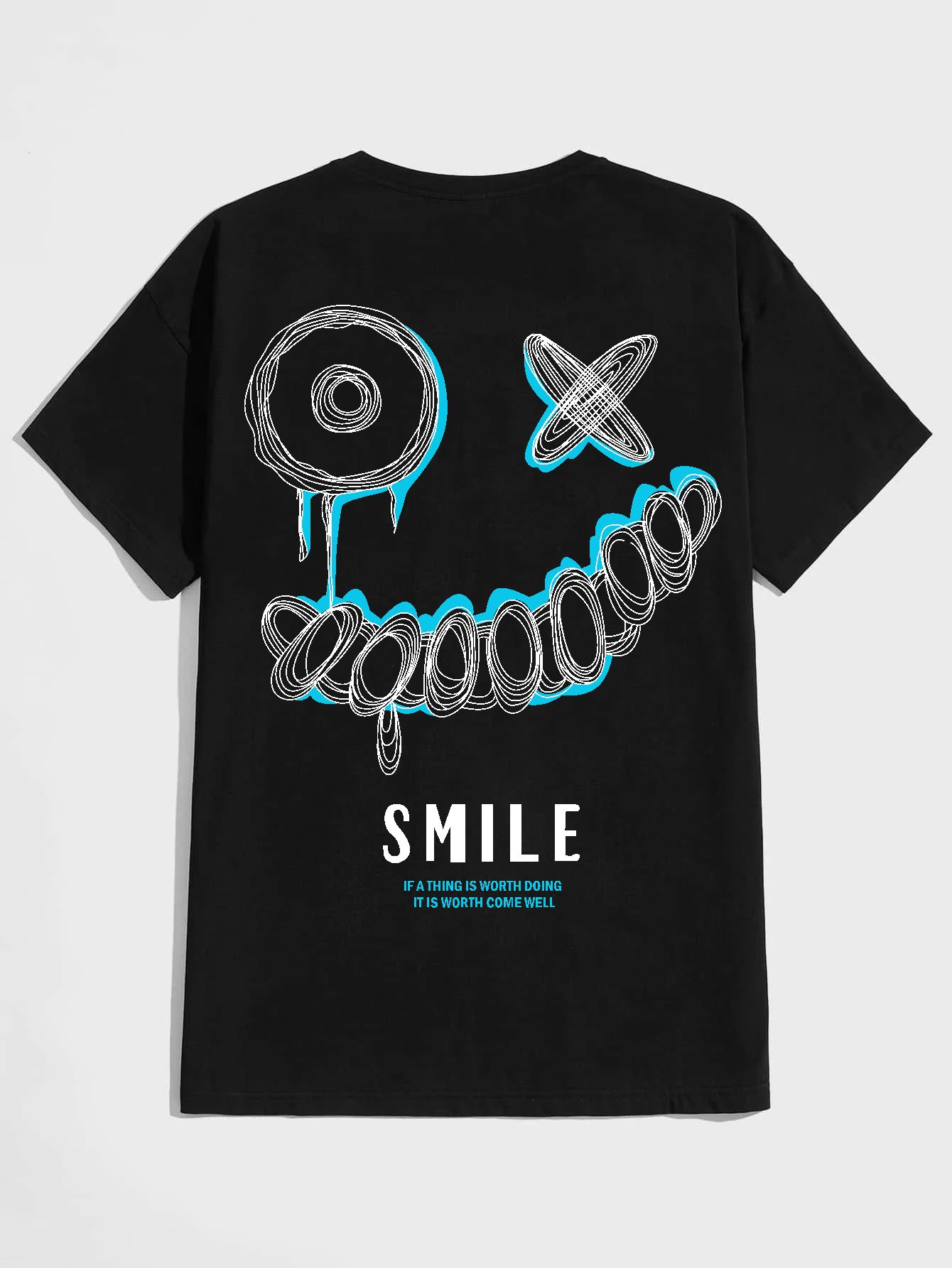SCOTT FINCHER Men's Black Short Sleeve Graphic T-Shirt with Blue Smiley Face Design : AA(HSR)BLACK_03