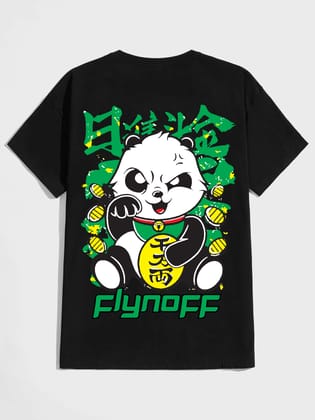 SCOTT FINCHER Men's Black T-Shirt with Green and White Panda Graphic and Japanese Kanji Writing : AA(HSR)BLACK_26