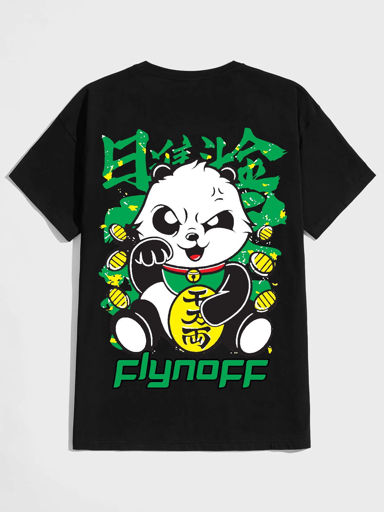 SCOTT FINCHER Men's Black T-Shirt with Green and White Panda Graphic and Japanese Kanji Writing : AA(HSR)BLACK_26