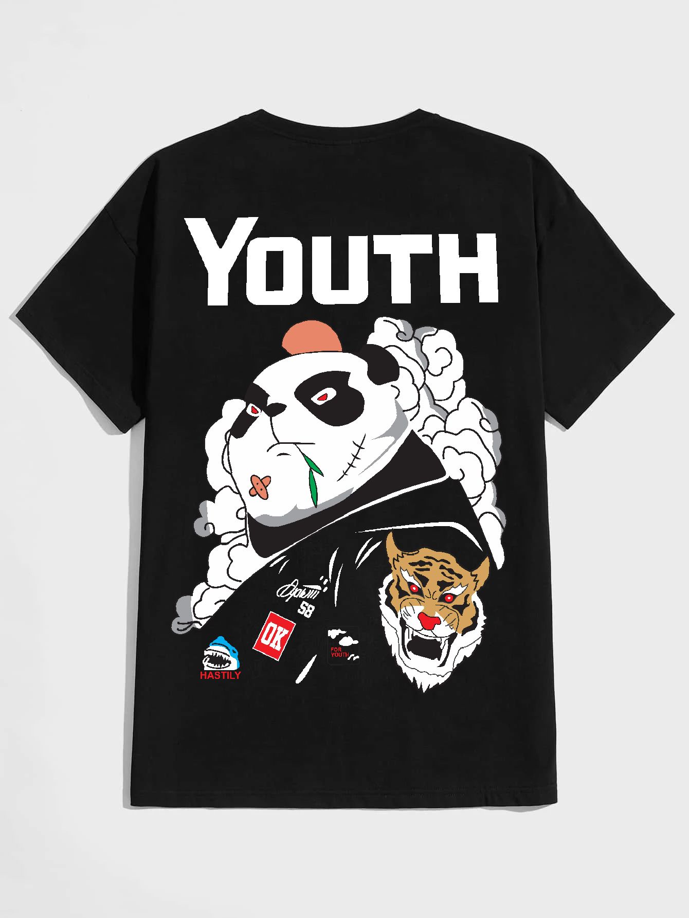 SCOTT FINCHER Men's Black T-Shirt with Panda Graphic and Japanese Characters : AA(HSR)BLACK_28